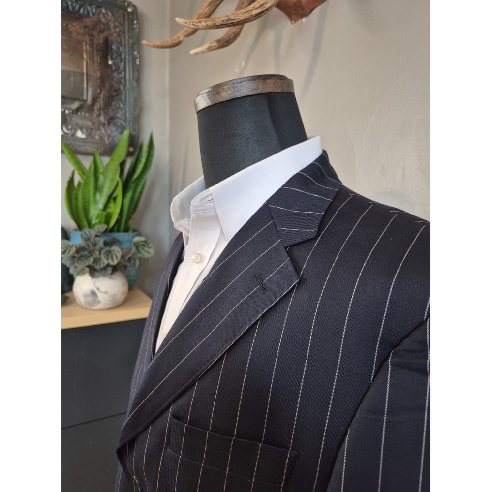 Tessuto Mens Super 110s Wool Sport Coat 44L Navy Stripe Italy 3 Button W806